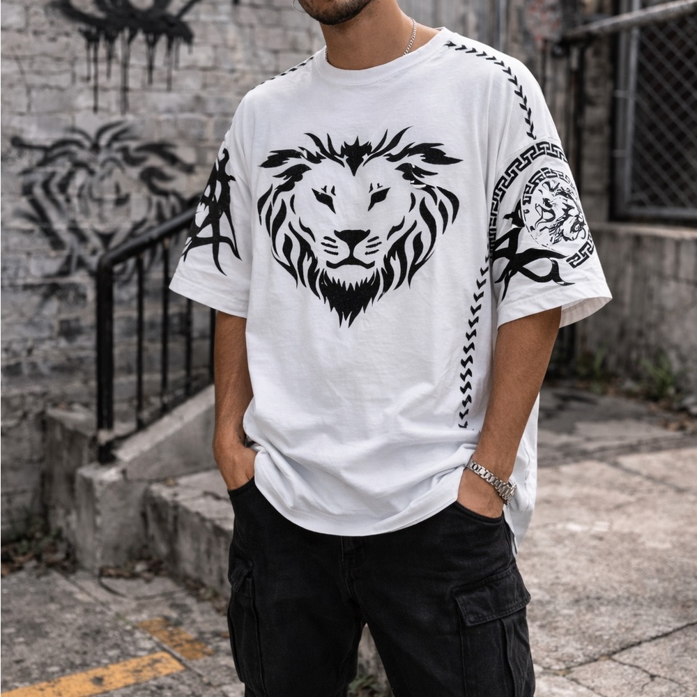 CEZER White Graphic Lion Streetwear T-Shirt Men’s Oversized Tribal Punk Size L